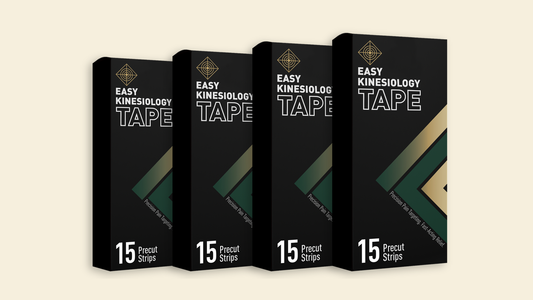 Four boxes of Easy Kinesiology Tape, each marked 15 pre-cut strips, on a plain cream background