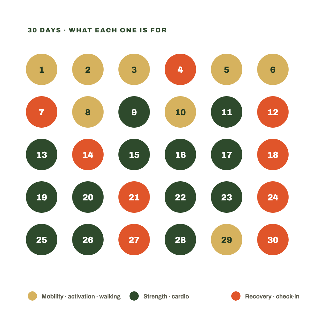 The 30-day calendar with each day marked as mobility, strength or recovery