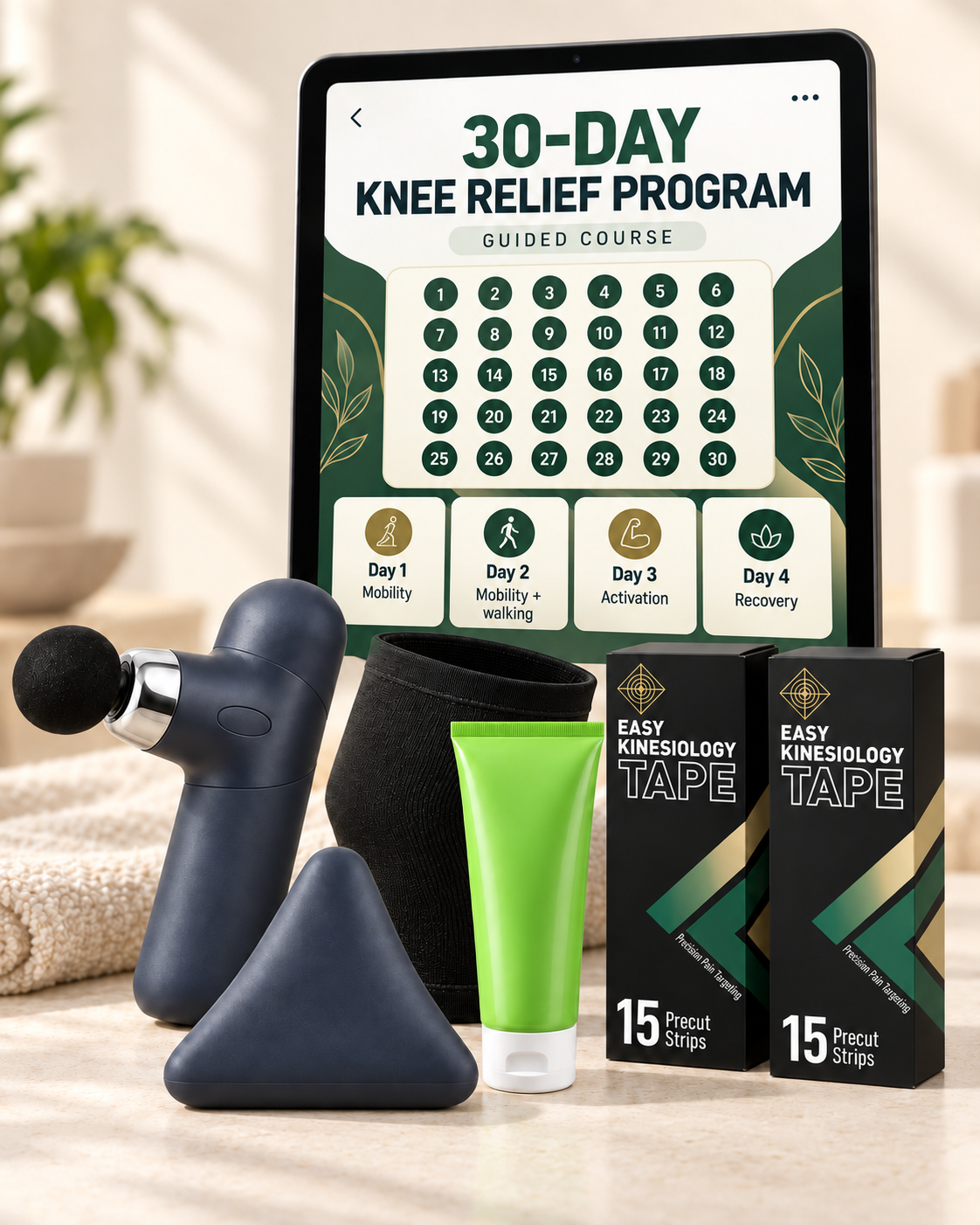 Four-piece recovery kit with massage gun, massage tool, gel and ice sleeve